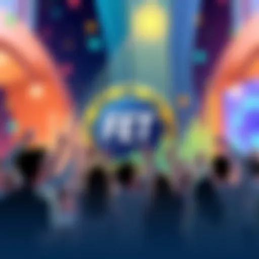 An illustration showing FET coin with a graph indicating market trends after a merger, surrounded by enthusiastic people discussing its future value.