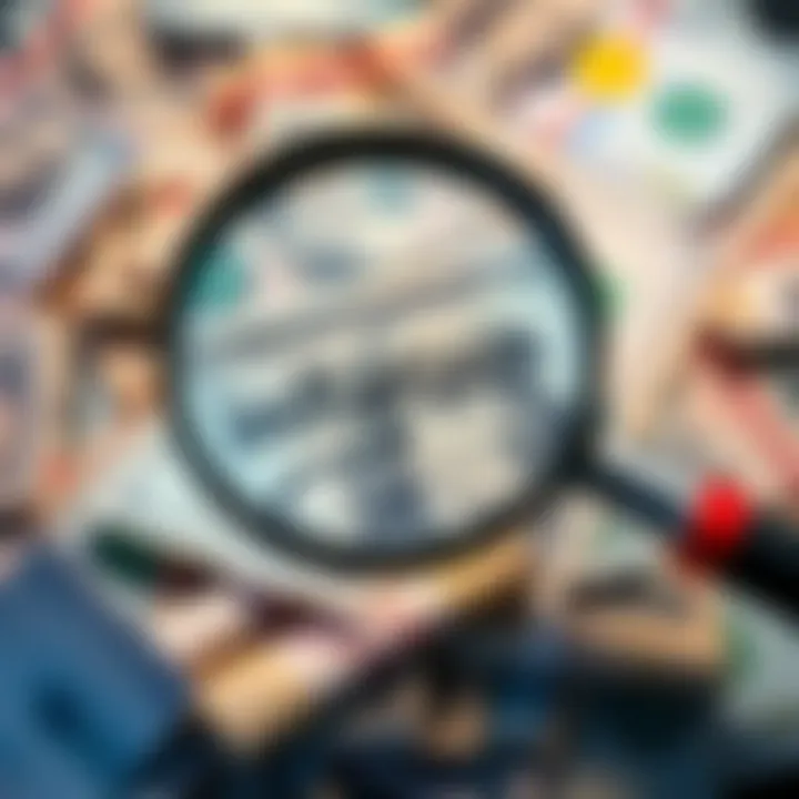 A pile of banknotes with a magnifying glass focusing on the word 'inflation' written on one note, showing concerns about fiat currency.