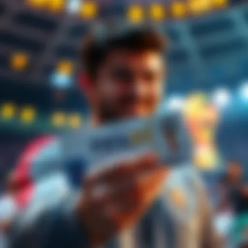 A fan holding FIFA collectibles with a ticket to the World Cup in the background