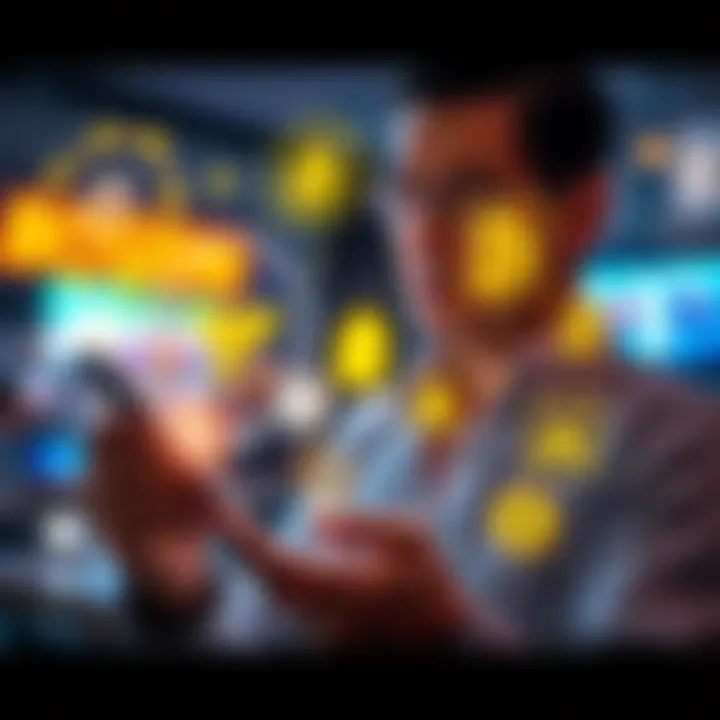 A person using a digital device to explore decentralized finance options, surrounded by icons representing money management and finance.