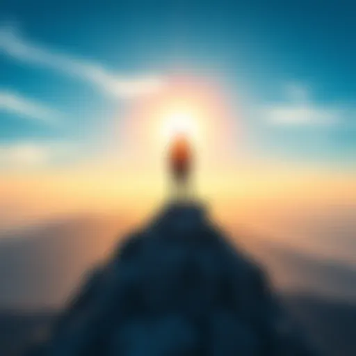 A person standing on a mountain peak looking at a bright horizon filled with financial symbols and opportunities, symbolizing dreams and aspirations for success in 2025.