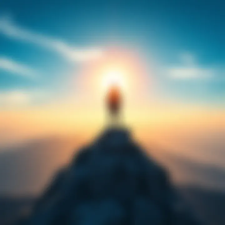 A person standing on a mountain peak looking at a bright horizon filled with financial symbols and opportunities, symbolizing dreams and aspirations for success in 2025.