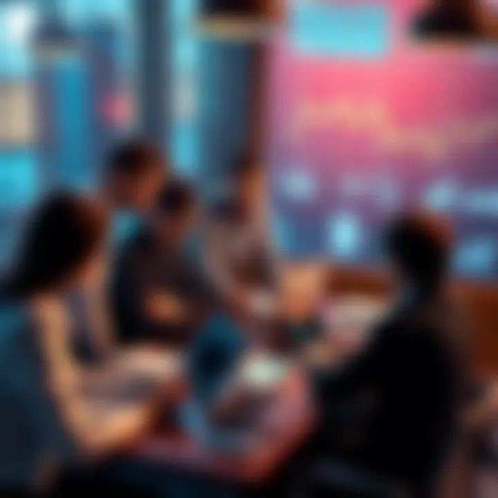 A group of professionals discussing crypto development, focused on web3 applications, with laptops and charts on a table.