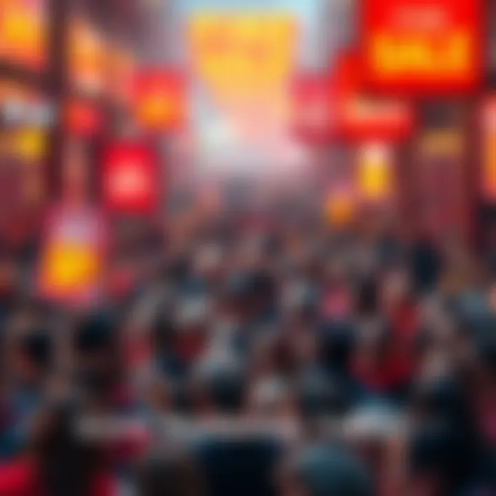 Crowd of people eagerly shopping during a huge fire sale with bright signs showing discounts