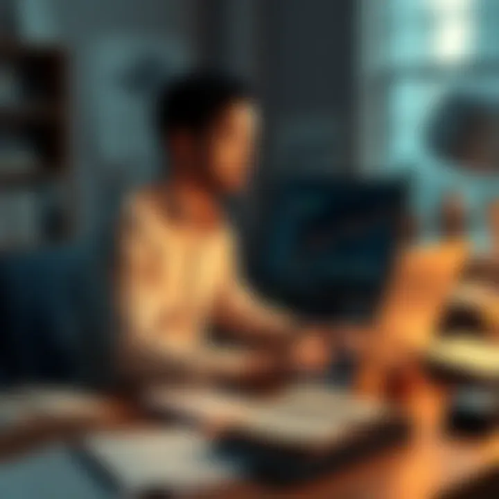 A person sitting at a desk looking at a laptop with cryptocurrency charts, surrounded by books and notes, symbolizing guidance and support for new investors.