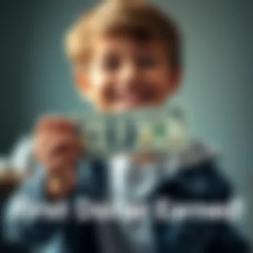 A young person smiles while holding their first dollar bill, showing excitement and pride in their achievement.