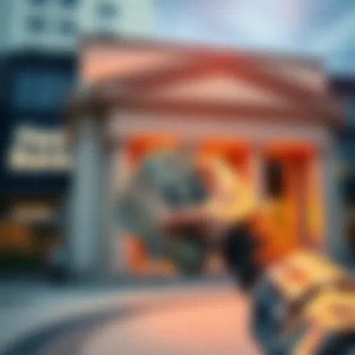 A person holding cash with a bank building in the background, symbolizing flexible savings options.