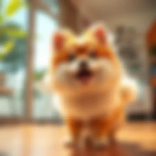 A cheerful fluffy pet with bright eyes and a wagging tail, radiating joy and energy in a sunny room
