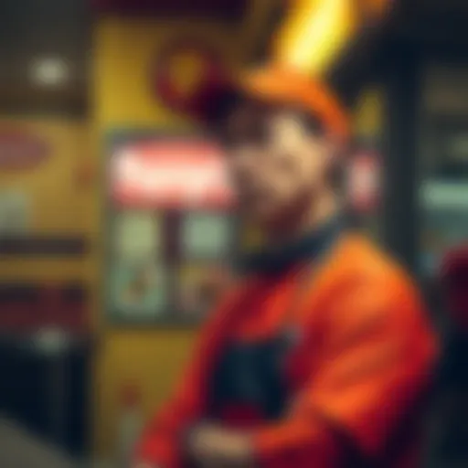 A tired food service worker in a Popeye's uniform takes a break, looking concerned about the challenges in the industry.