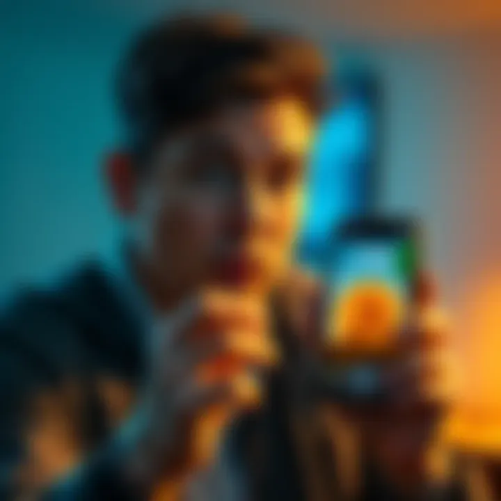 A person looking surprised while holding a phone displaying Bitcoin value increasing dramatically