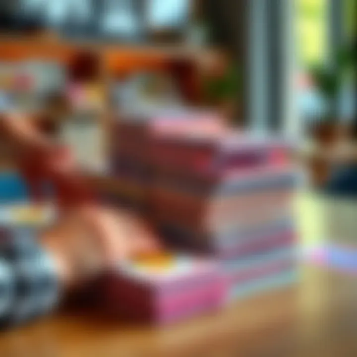 A stack of colorful cards designed for beginners, showcasing various designs and patterns, placed on a table with hands reaching for them.