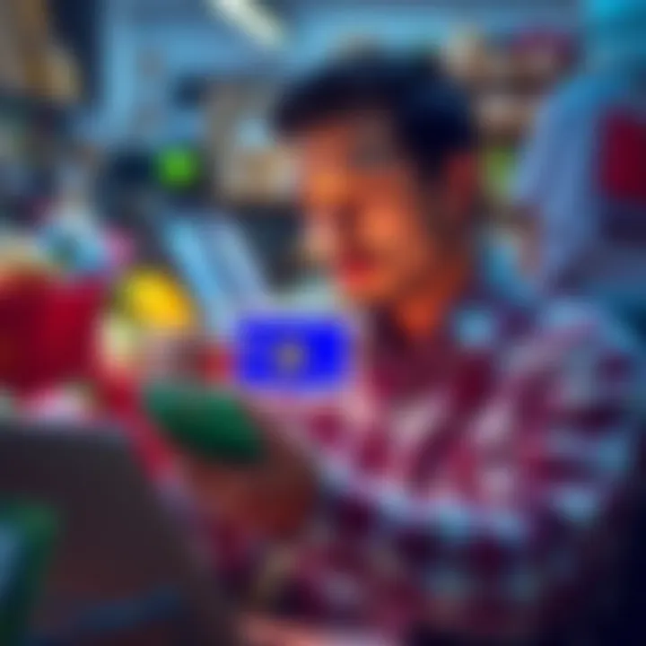 A freelancer shopping online with a Bitcoin payment on a virtual Visa card, surrounded by Bitcoin symbols and everyday items like food and clothing.