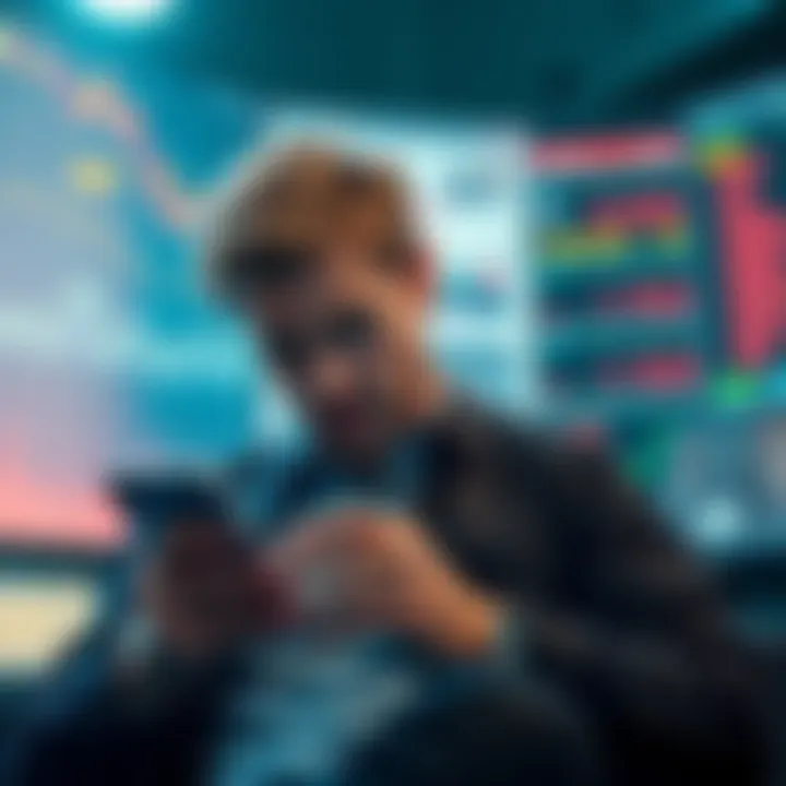 A man looks worried while checking stock prices on his phone, surrounded by charts and financial news, depicting the stress of risky trading decisions.