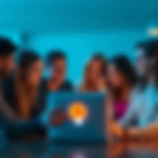 A group of friends gathered around a laptop, smiling and talking about Bitcoin and cryptocurrencies, highlighting their shared interest in digital currencies.