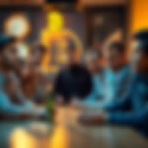 A group of friends sitting around a table, talking about Bitcoin with puzzled expressions, showcasing confusion and curiosity.