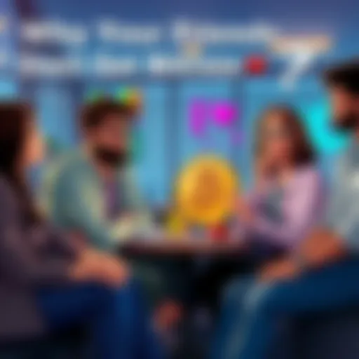 A group of friends sitting together, having a conversation about Bitcoin with puzzled expressions