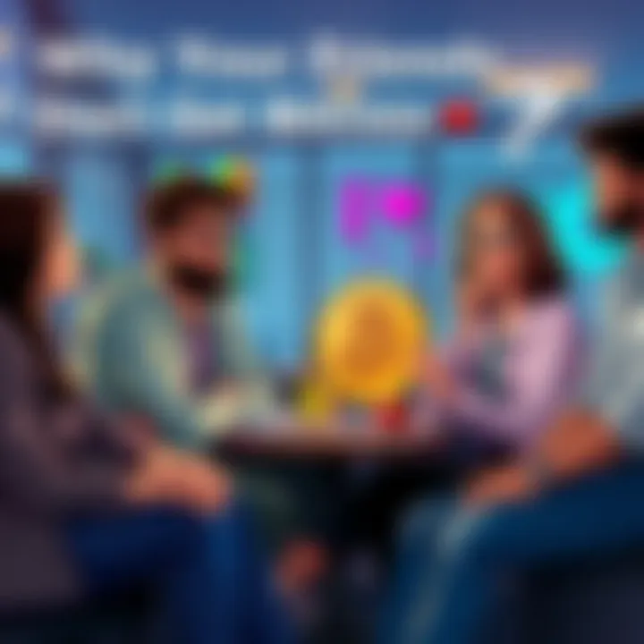 A group of friends sitting together, having a conversation about Bitcoin with puzzled expressions