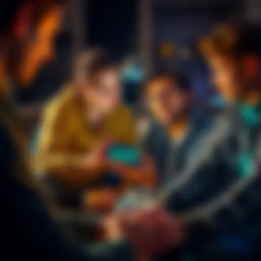 A group of friends sitting together, looking at a smartphone displaying cryptocurrency graphs, showing mixed reactions of interest and skepticism