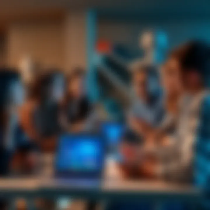 A group of young adults gathered around a table, engaged in conversation about cryptocurrency, with laptops and phones displaying crypto charts.
