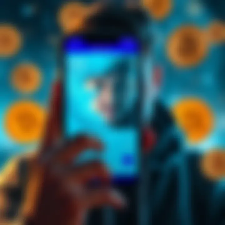 A worried person looking at a frozen bank account on a mobile phone screen, with Bitcoin symbols in the background
