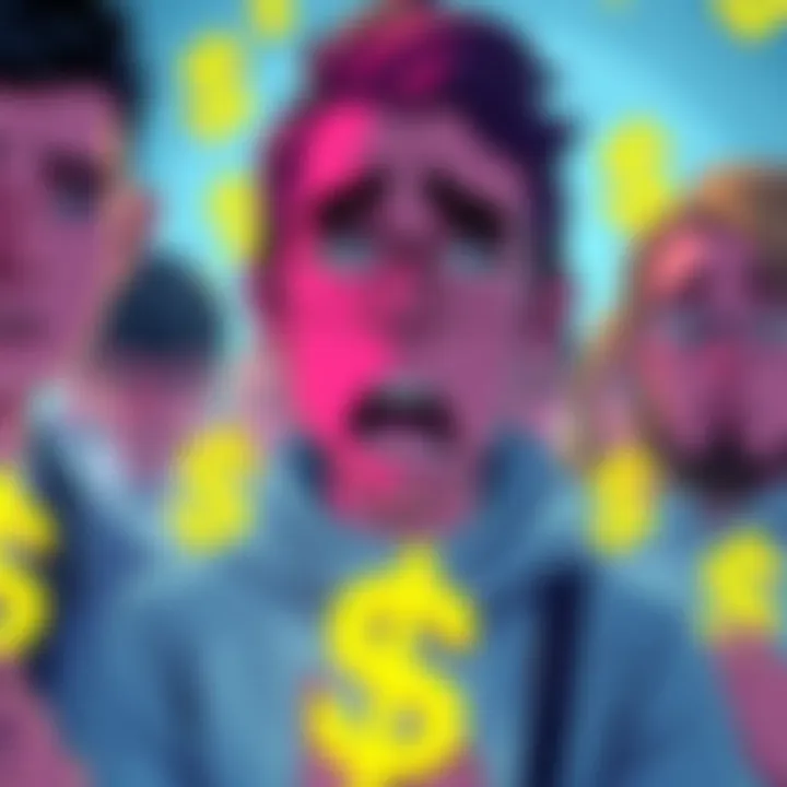 People expressing frustration over frozen accounts from Gemini, showcasing worried faces and dollar signs indicating lost rewards.