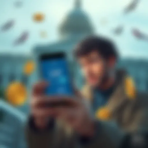 A person looks worried while checking a phone with a crypto wallet app showing zero balance, surrounded by images of coins and a government building in the background.