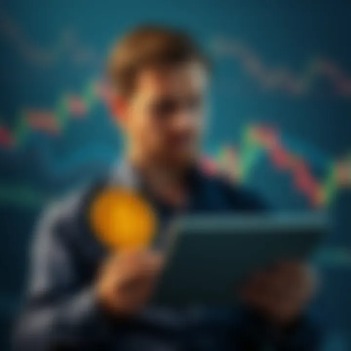 A thoughtful person holding a Bitcoin symbol and looking at financial charts, representing careful investment planning with inheritance money.