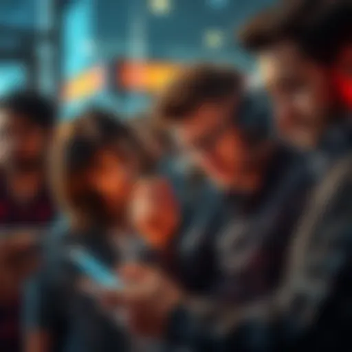 A group of frustrated buyers looking at their phones, showing a laggy app interface as they miss a buying opportunity during a market dip