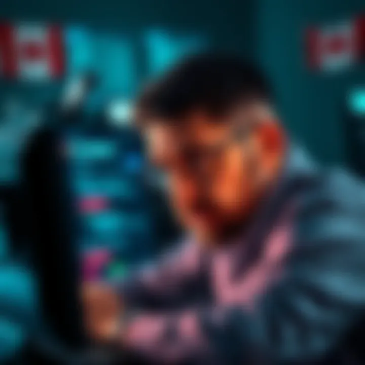 A Canadian investor looks upset while checking their Kraken account on a computer, with a message indicating account cancellation on the screen.