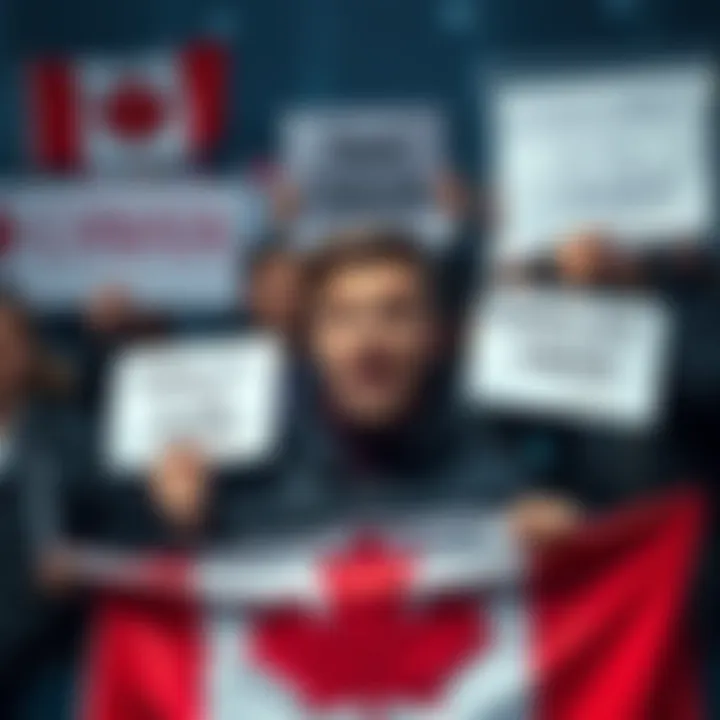 Group of Canadians expressing frustration over Coinbase account issues, holding signs demanding better service and access.