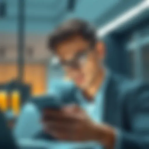 A worried individual looking at their phone with a worried expression, in an office setting, showing concern over delayed payments from Blockfi/Kroll.