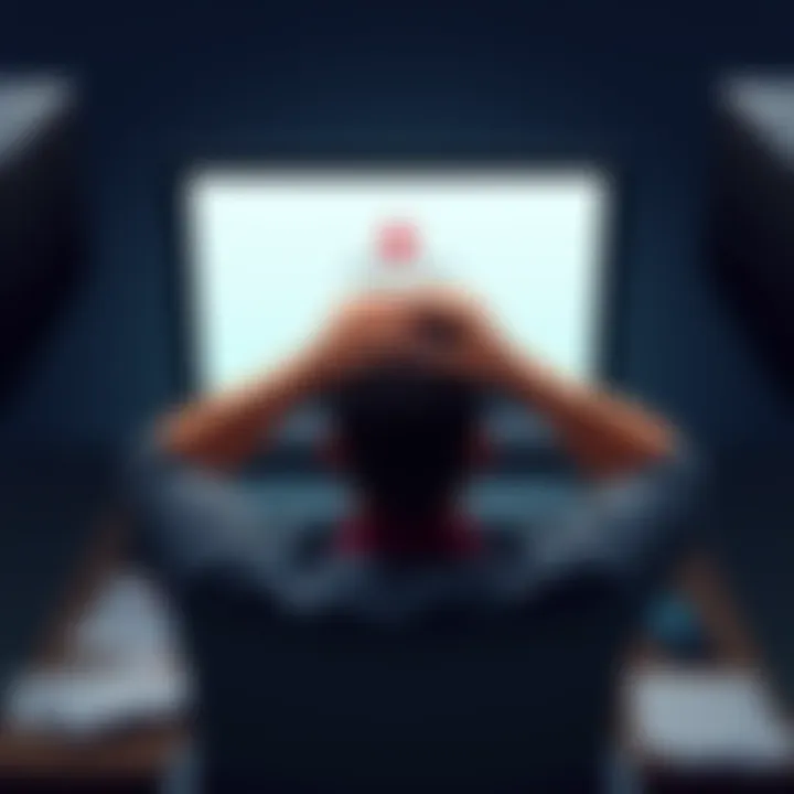 A person looking at a computer screen, showing a locked Coinbase account warning. They appear frustrated, holding their head in their hands, with papers and a phone around them, indicating attempts to contact support.
