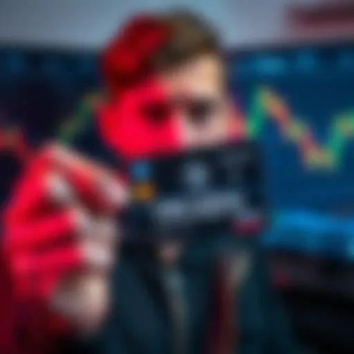 A person looks upset while holding a Gemini credit card that is marked as frozen, with a background showing Bitcoin market charts on a screen.