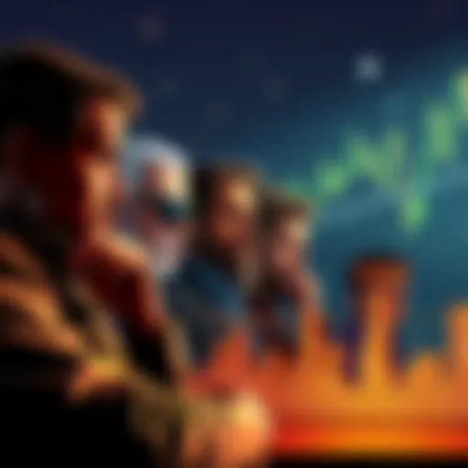 A group of frustrated investors looking at a graph showing rising cryptocurrency prices, with a focus on AVAX struggling to keep pace. Some are looking worried, while others appear deep in thought.