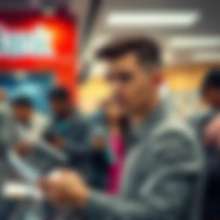 A person looking frustrated while waiting in line at a bank, surrounded by paperwork and digital devices.