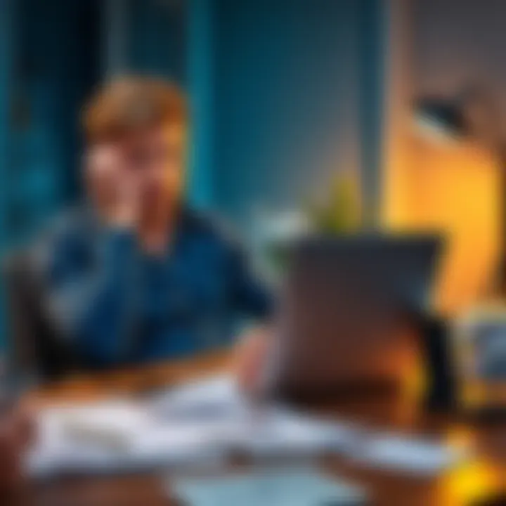 A frustrated customer sitting at a desk with a laptop, showing stress over funds held by a bank, surrounded by papers and a phone in hand, indicating communication issues.