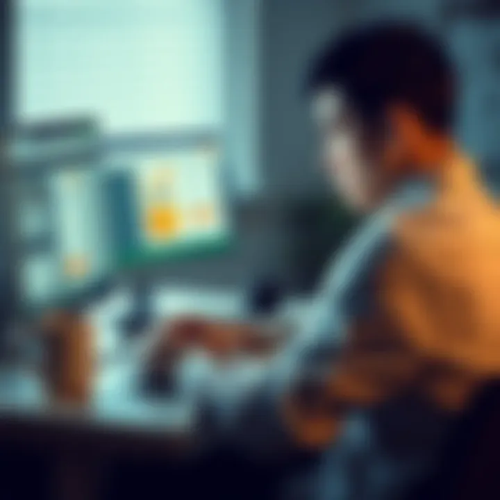 A person sits at a desk, looking stressed while viewing a locked bank account on a computer. Papers and a coffee cup are scattered around, showing their frustration over ongoing account issues.