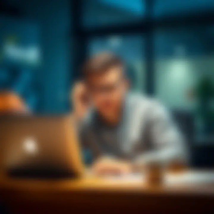 A frustrated customer sitting at a desk, holding a phone to their ear while looking at a laptop, representing struggles with lost funds.