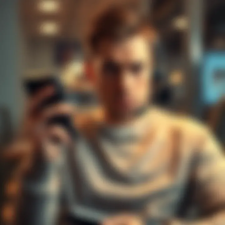 A frustrated customer holding a phone, looking confused and upset over lack of support from Uphold after their account was frozen.