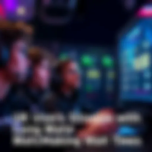 Frustrated gamers looking at matchmaking screen A group of gamers expressing frustration while staring at a matchmaking screen with long wait times displayed