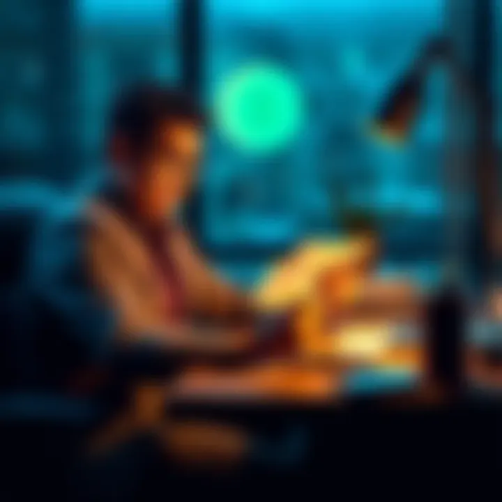 Investor sitting at a desk, looking frustrated while checking emails about his frozen funds on KuCoin