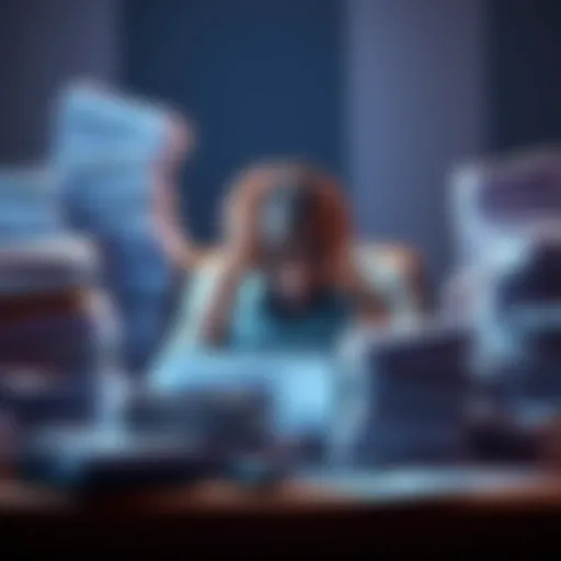 Individual sitting at a desk surrounded by stacks of documents, looking stressed while trying to resolve a KYC rejection issue