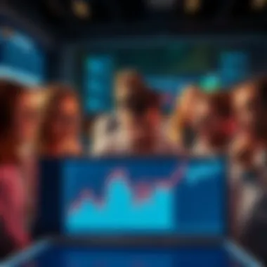 A group of people showing frustration as they look at a declining graph on a screen, symbolizing the drop in Kaspa's value
