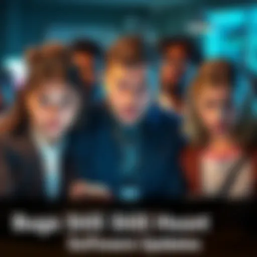 Frustrated People with Software Bugs A group of diverse people showing frustration at their devices, highlighting issues with software bugs