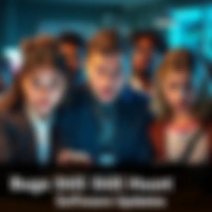 Frustrated People with Software Bugs A group of diverse people showing frustration at their devices, highlighting issues with software bugs