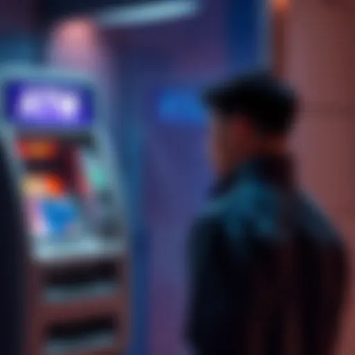A person stands in front of an ATM, looking frustrated while trying to withdraw cash from a debit card.