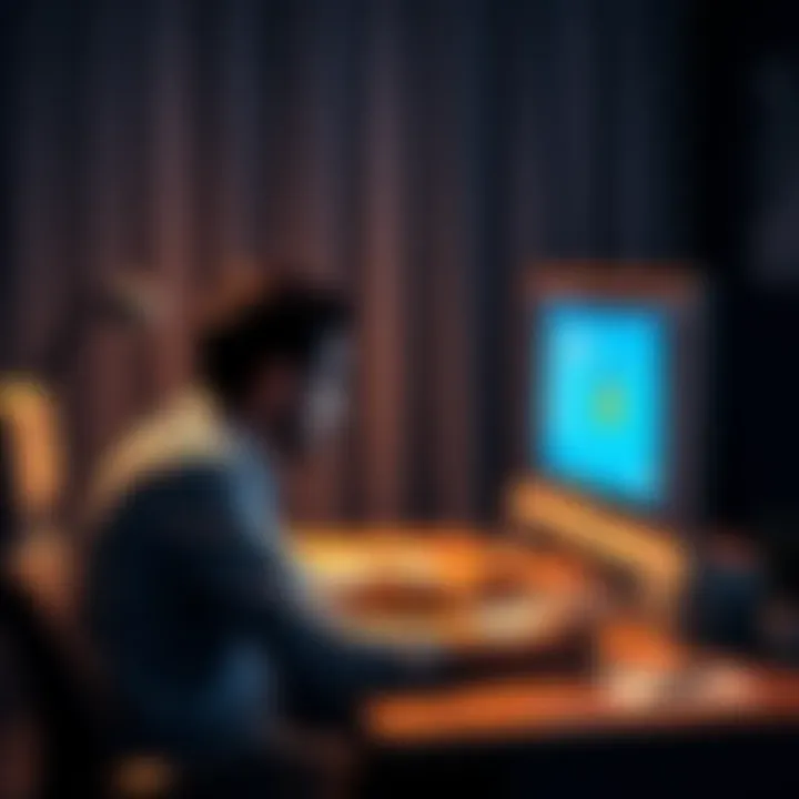A person sits at a desk, staring at a computer screen showing a locked Coinbase account, looking concerned and frustrated.