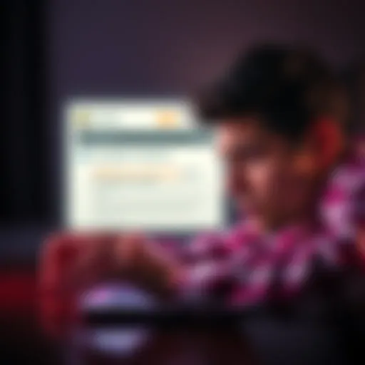 A frustrated person staring at a laptop screen, showing a notification of account restrictions and no support response.