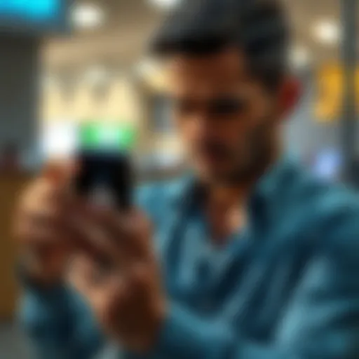A person looking frustrated while using a mobile app on their phone, with a fingerprint scanner displayed on the screen.