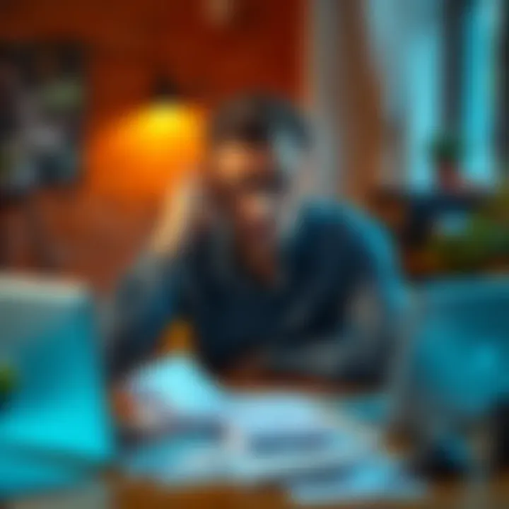 A frustrated person sitting at a desk, holding a phone to their ear, looking worried while surrounded by papers and a laptop, representing ongoing issues with a frozen account